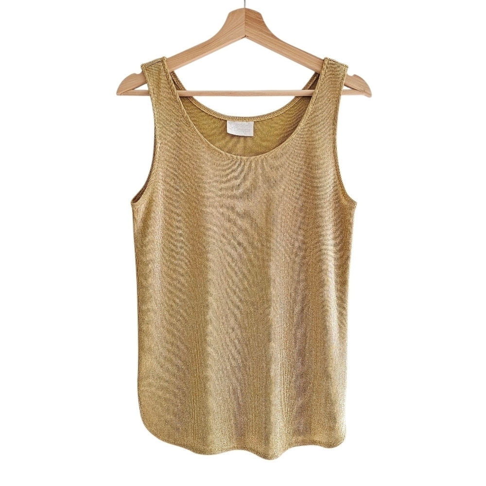 VINTAGE Bardinella Designs Gold Metallic Knit Tank Top Lamé Scoop Neck Size S/M